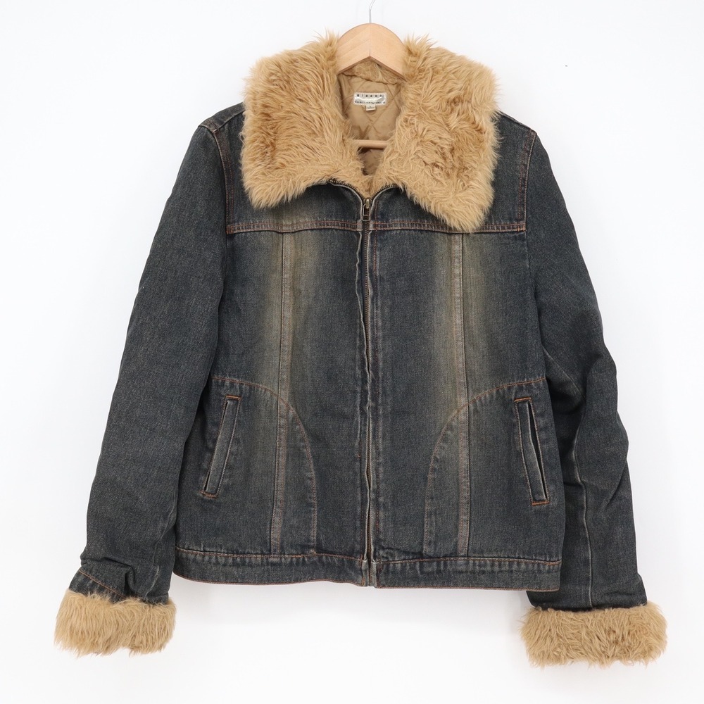 Giacca Jacket Womens L Gallery Company Faux Fur Trim Dark Wash Denim Excellent